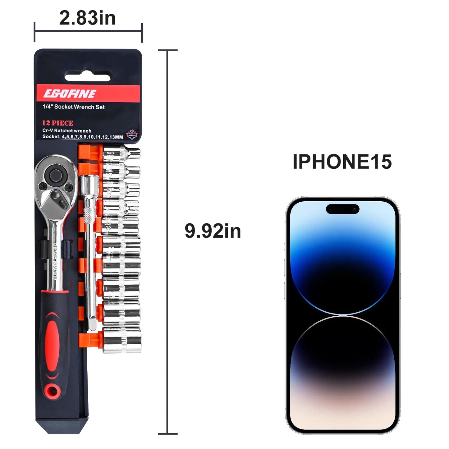 Egofine 12pcs 1/4 Inch Ratchet Socket Wrench Set, Drive Socket Set with 10 Sockets 4-13mm and 2 Way Quick Released Ratchet Handle and Extension Bar