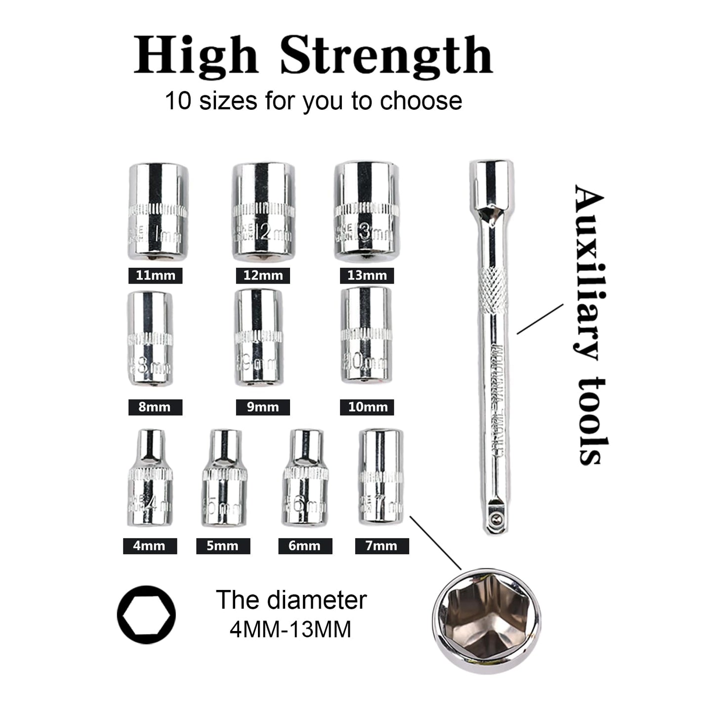 Egofine 12pcs 1/4 Inch Ratchet Socket Wrench Set, Drive Socket Set with 10 Sockets 4-13mm and 2 Way Quick Released Ratchet Handle and Extension Bar