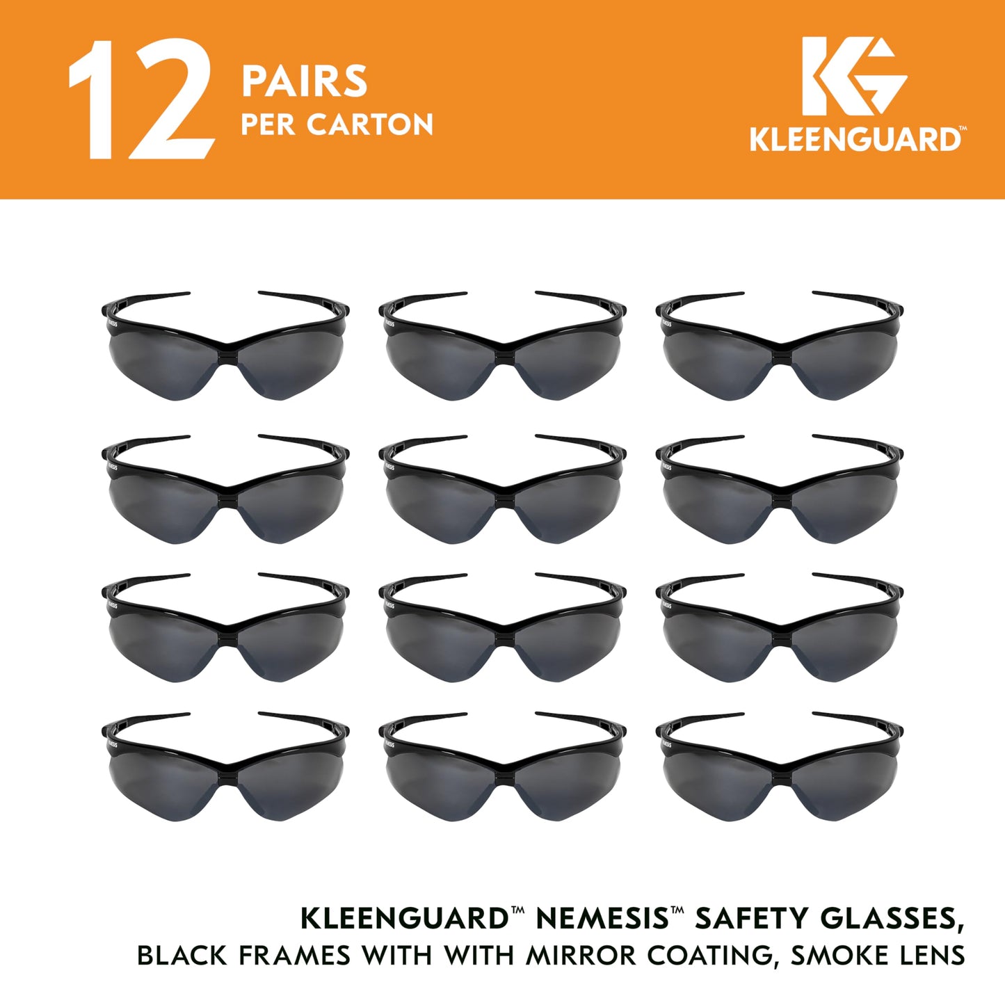 KleenGuard™ V30 Nemesis™ Safety Glasses (25688), with Mirror Coating, Smoke Lenses, Black Frame, Unisex Sunglasses for Men and Women (Qty 12)